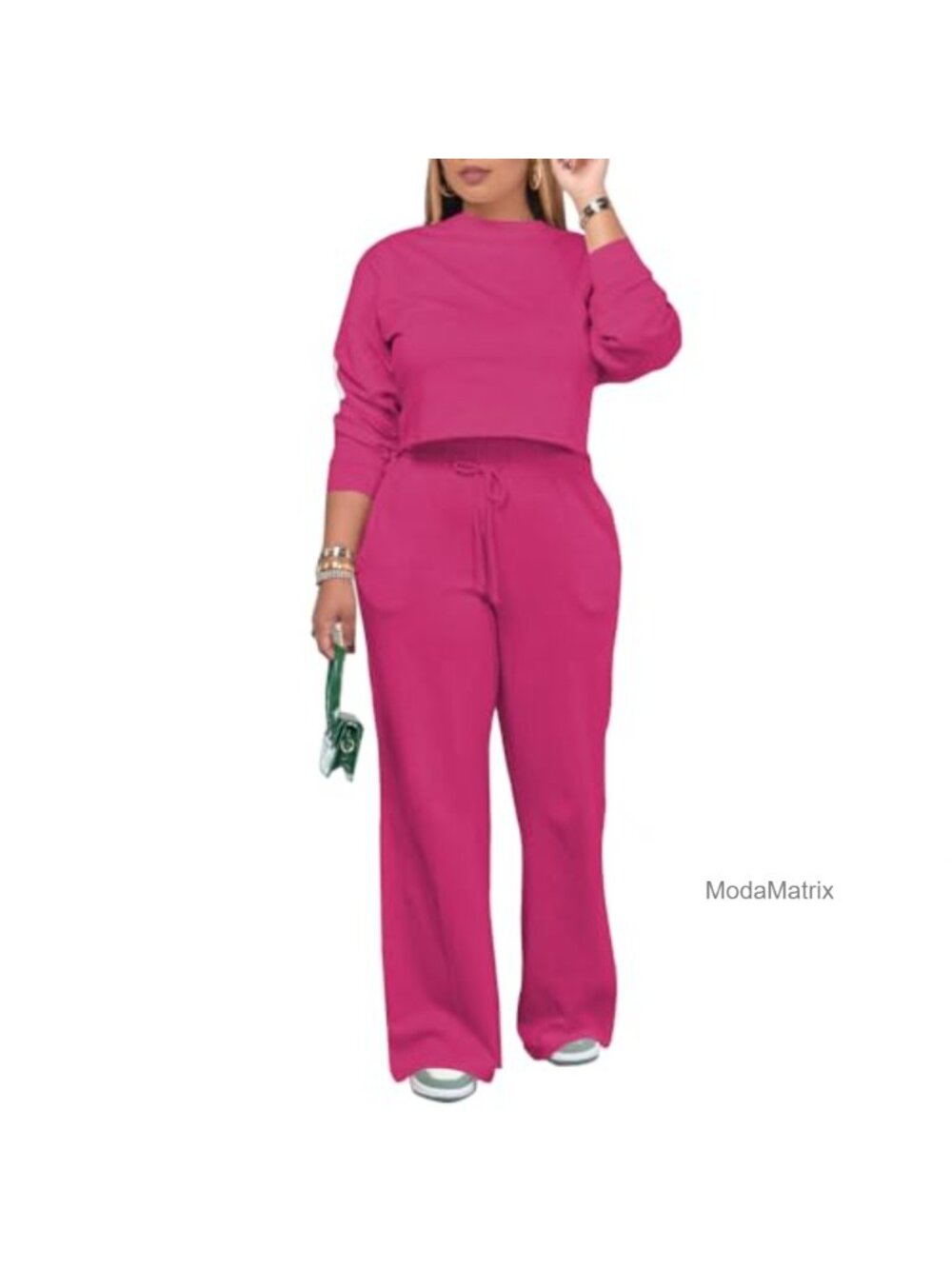 Women's 2 Piece Sweatsuit Set Crop Top Wide Leg Pants Pockets Long Sleeve